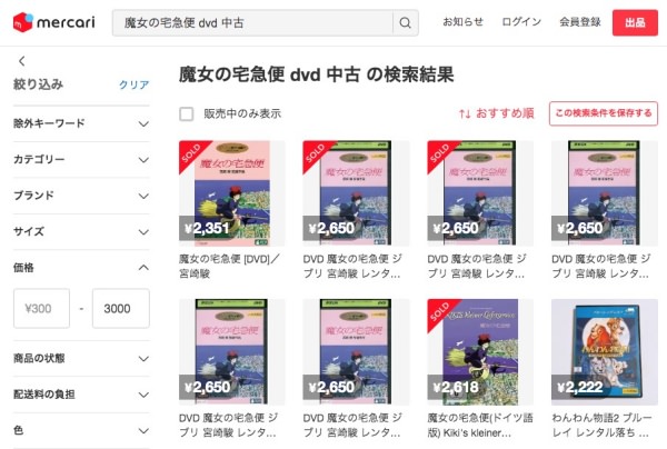 メルカリでジブリ作品の魔女の宅急便を検索してみた